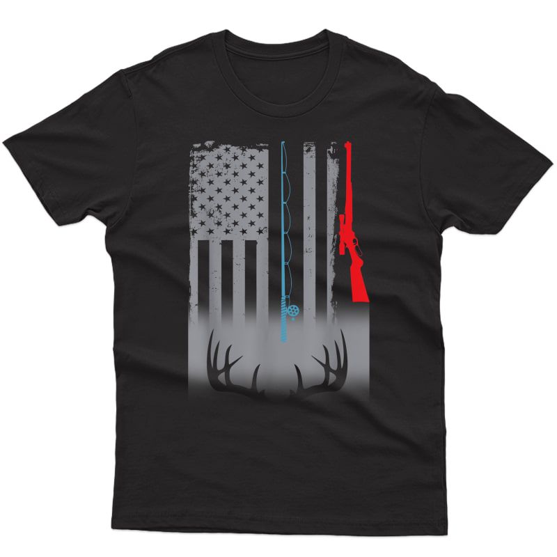 Fishing Rod Hunting Rifle American Flag T-shirt