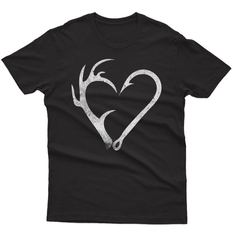 Hunting Fishing Distressed Heart Hook Antler Design T-shirt