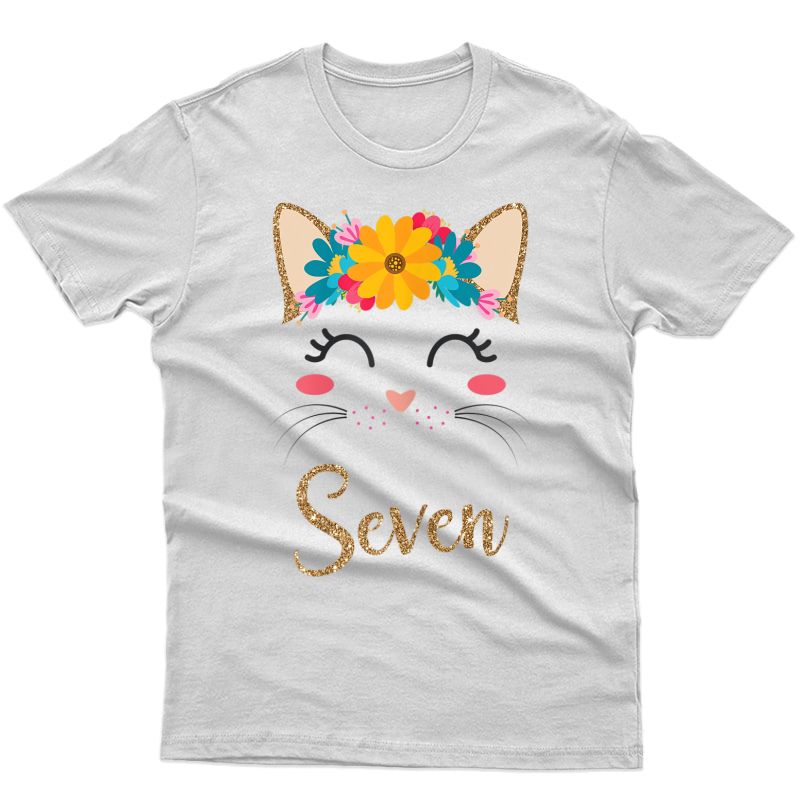  Girl 7th Birthday Gift Cat Kitty Seventh Birthday Shirt