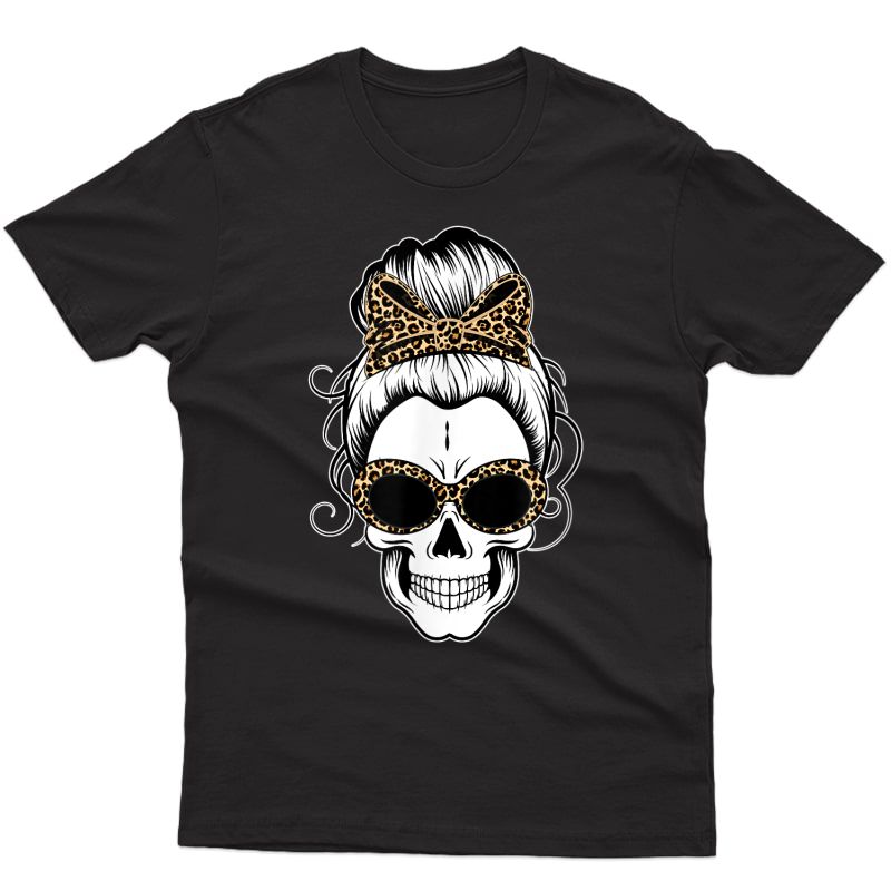 Messy Bun Skull Shirts For Leopard Print Bow Halloween T-shirt