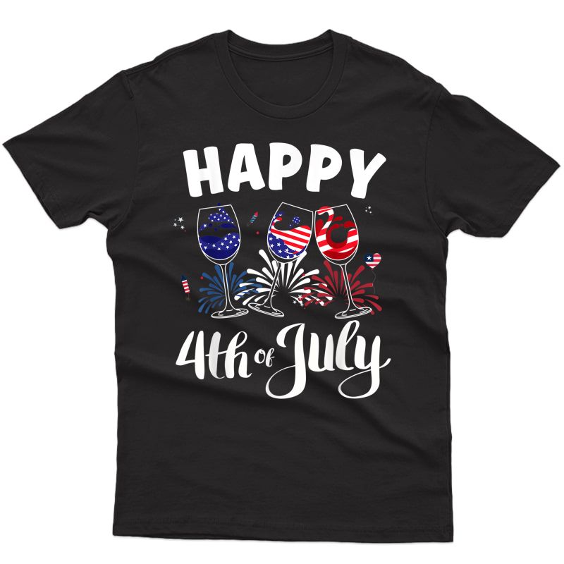 Red Blue Wine Glass Usa Flag Happy 4th Of July T-shirt