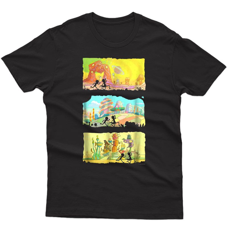 Rick & Morty Running Silhouettes On Alien Land T-shirt