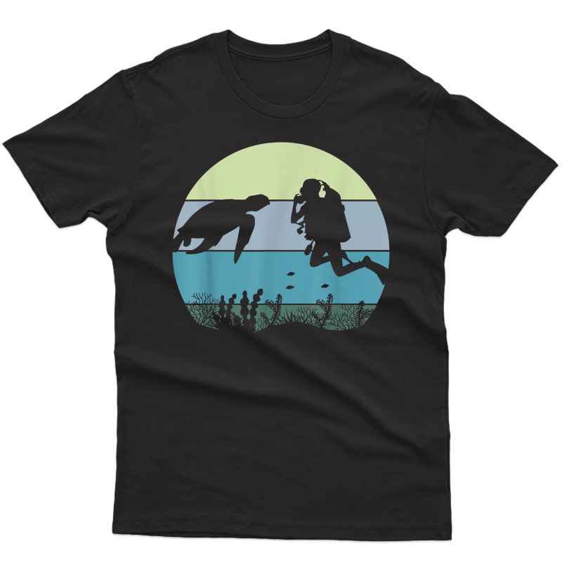 Scuba Diver Diving And Sea Turtle In The Blue Pacific Ocean T-shirt