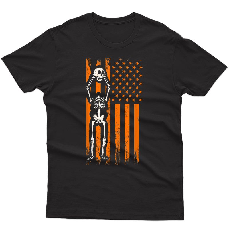 Spooky Skeleton Scary Skull & Usa American Flag – Halloween T-shirt