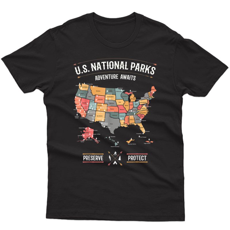 Us National Parks Map Preserve Protect Hiking Camping Gift T-shirt