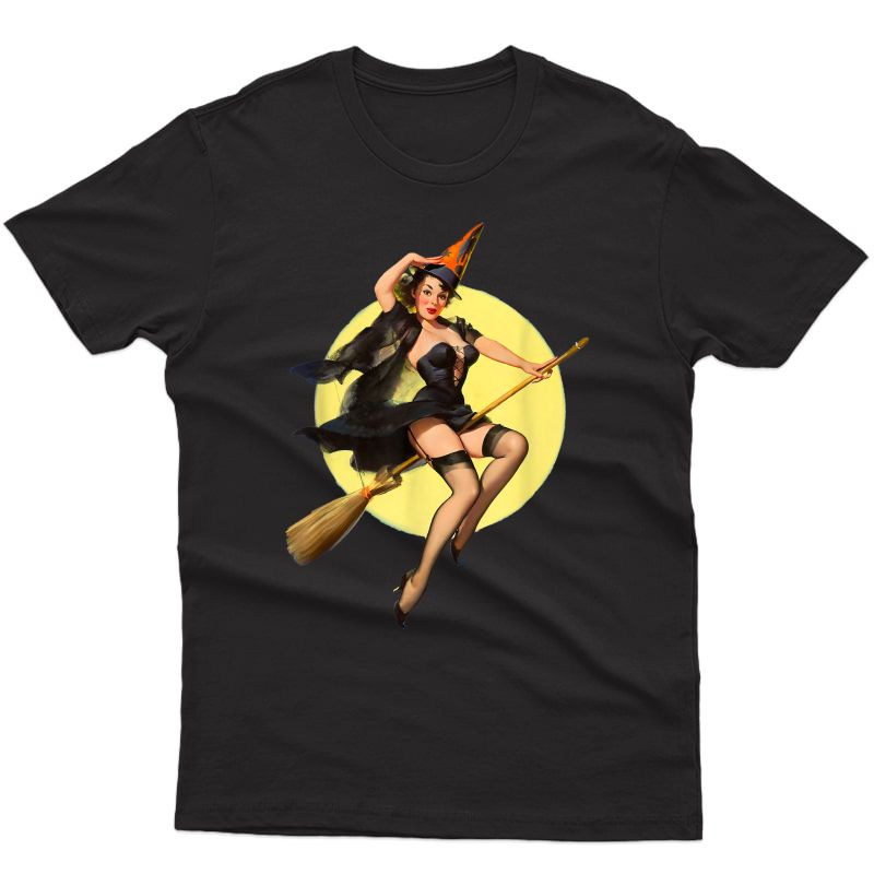 Vintage Pin Up Witch Halloween Pinup Girl Funny Ilustration T-shirt